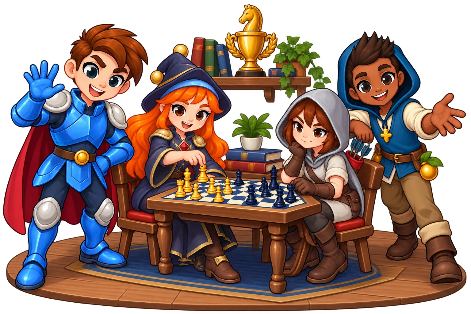 The Chess Magic knight, wizard, ranger and adventurer playing chess together in the club