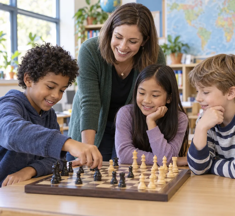 A teacher smiling as three pupils play chess at a classroom table