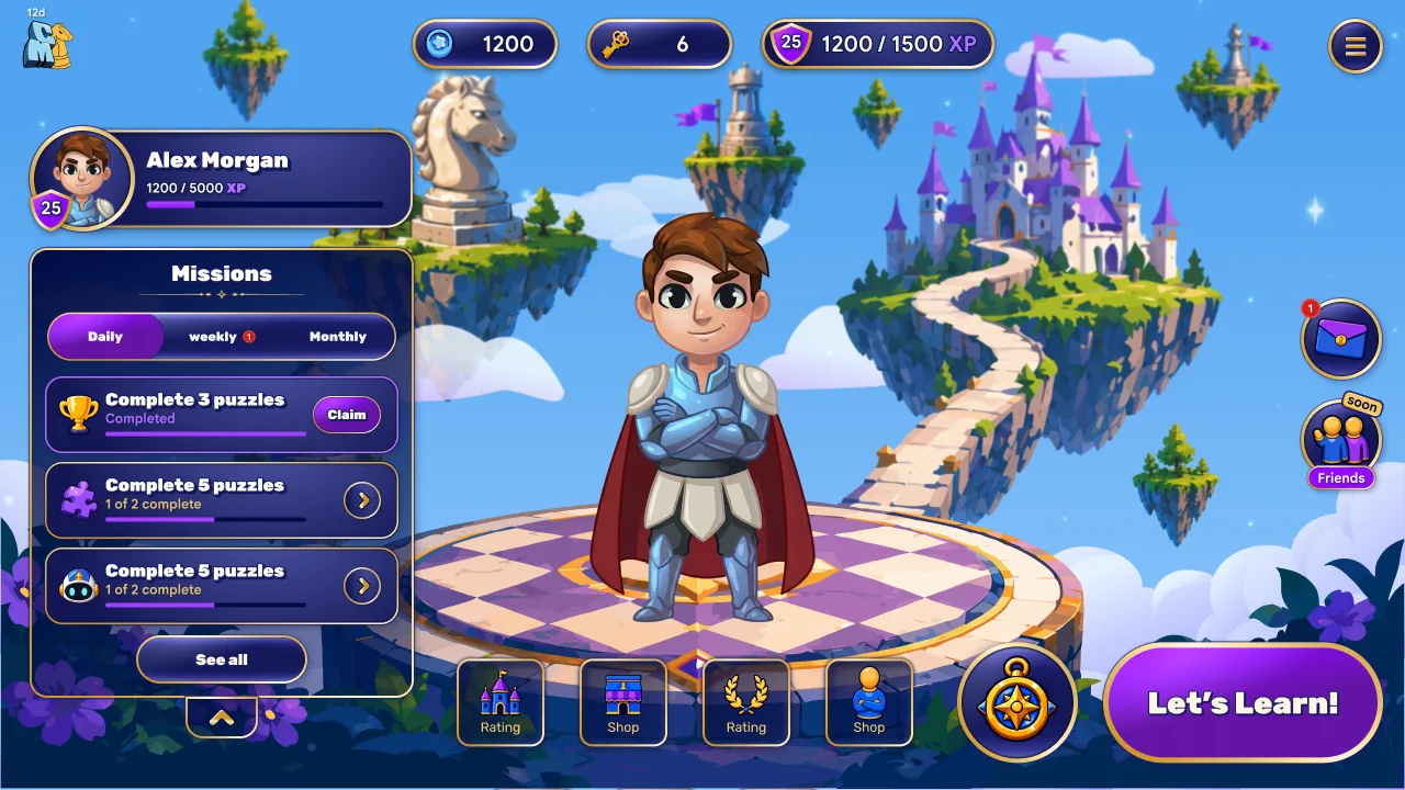 the student lobby, with daily missions and a Let’s Learn button