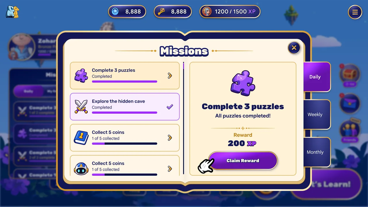 The ChessMagic student app: daily missions with their rewards