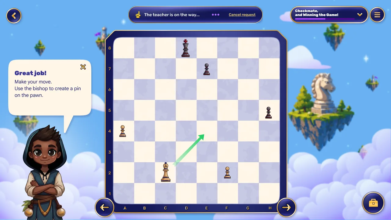 A ChessMagic lesson: a guide character beside the chessboard suggests using the bishop to pin a pawn