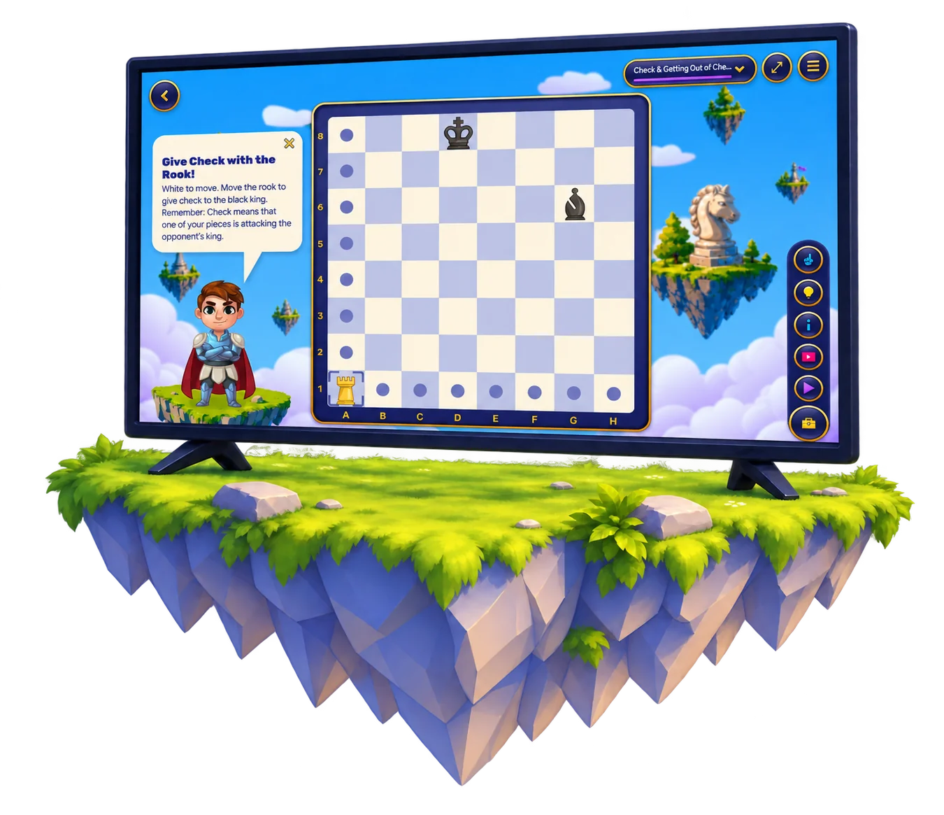 A chess lesson on a television, on a floating island